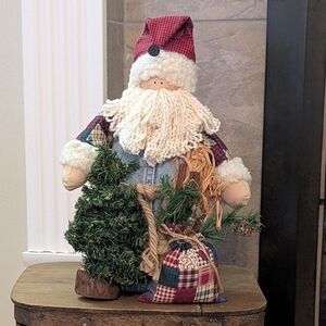 Rustic Folk Art Denim Santa With Tree 14 inch Shelf Sitter Hand Crafted